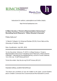 Is Mass Society a Threat to Representative Democracy? Revisiting David Riesman's "Other­Directed Character"