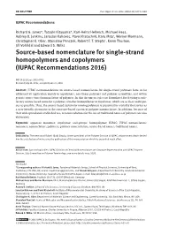 Source-Based Nomenclature for Single-Strand Homopolymers and Copolymers (IUPAC Recommendations 2016)