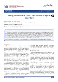Endogenous Neural Stem Cells and Neurological Disorders