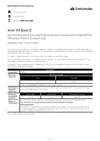 Junior ISA (Issue 2) Key Facts Document (Including Financial Services Compensation Scheme (FSCS) Information Sheet & Exclusions List) Available from 17 June 2020