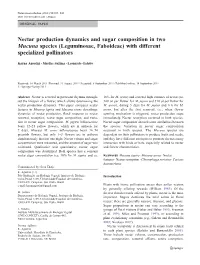 Nectar Production Dynamics and Sugar Composition in Two Mucuna Species (Leguminosae, Faboideae) with Different Specialized Pollinators