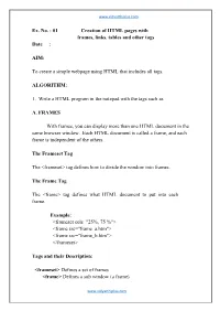 01 Creation of HTML Pages with Frames, Links, Tables and Other Tags Date
