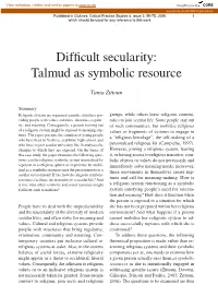 Difficult Secularity: Talmud As Symbolic Resource