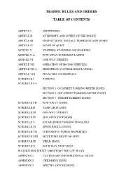 Traffic Rules and Orders Table of Contents
