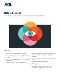 Hate in Social VR New Challenges Ahead for the Next Generation of Social Media