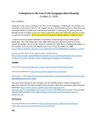 In Response to the Tree of Life Synagogue Mass Shooting October 27, 2018