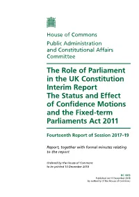Confidence Motions and the Fixed Term Parliaments
