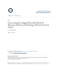 Uncovering the Original Text of the Book of Mormon: History and Findings of the Critical Text Project M