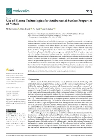 Use of Plasma Technologies for Antibacterial Surface Properties of Metals