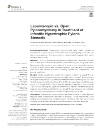 Laparoscopic Vs. Open Pyloromyotomy in Treatment of Infantile Hypertrophic Pyloric Stenosis