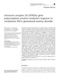 Serotonin Receptor 2A (HTR2A) Gene Polymorphism Predicts Treatment Response to Venlafaxine XR in Generalized Anxiety Disorder