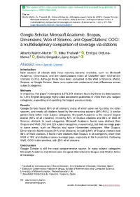 Google Scholar, Microsoft Academic, Scopus, Dimensions, Web of Science, and Opencitations’ COCI: a Multidisciplinary Comparison of Coverage Via Citations