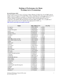 Medium of Performance for Music: Working List of Terminology