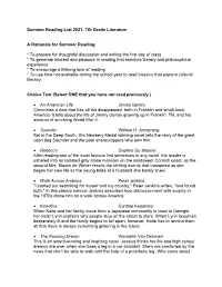 Summer Reading List 2021: 7Th Grade Literature a Rationale for Summer
