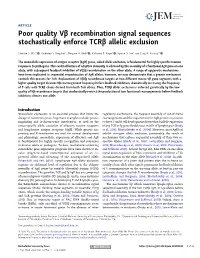 Poor Quality Vβ Recombination Signal Sequences Stochastically Enforce Tcrβ Allelic Exclusion