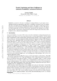 Trends, Limitations and Open Challenges in Automatic Readability Assessment Research