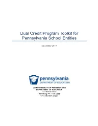 Dual Credit Program Toolkit for Pennsylvania School Entities