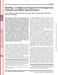 Swepep, a Database Designed for Endogenous Peptides and Mass Spectrometry*