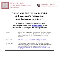 Umorismo and Critical Reading in Boccaccio's Vernacular and Latin Opere 'Minori'