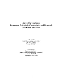 Agriculture in Iraq: Resources, Potentials, Constraints, and Research Needs and Priorities