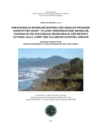 Quantifying Short- to Long-Term Beach and Shoreline Changes in the Gold Beach, Nesika Beach, and Netarts Littoral Cells, Curry and Tillamook Counties, Oregon