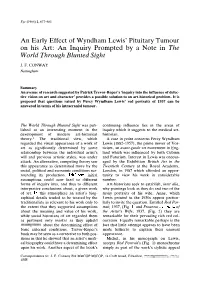 An Early Effect of Wyndham Lewis' Pituitary Tumour on His Art: an Inquiry Prompted by a Note in the World Through Blunted Sight