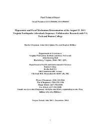Hypocenter and Focal Mechanism Determination of the August 23, 2011 Virginia Earthquake Aftershock Sequence: Collaborative Research with VA Tech and Boston College