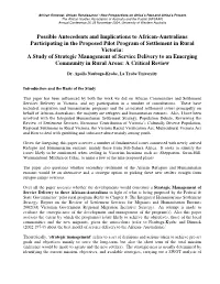Possible Antecedents and Implications to African-Australians Participating in the Proposed Pilot Program of Settlement in Rural