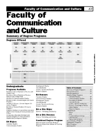 Faculty of Communication and Culture 63 Faculty of Communication and Culture Summary of Degree Programs Degrees Offered