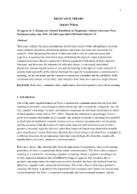 1 RELEVANCE THEORY Deirdre Wilson to Appear in Y. Huang (Ed.)