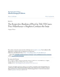 The Respective Burdens of Proof in Title VII Cases: Price Waterhouse V
