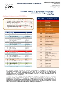 Academic Ranking of World Universities (ARWU) Université Jiao Tong De Shanghai 15 Août 2020