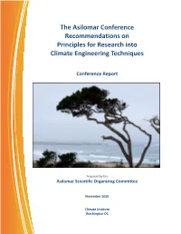 The Asilomar Conference Recommendations on Principles for Research Into Climate Engineering Techniques