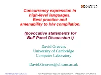 Concurrency Expression in High-Level Languages, Best Practice and Amenability to H/W Compilation