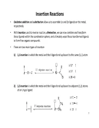 Insertion Reactions • Oxidative Addition and Substitution Allow Us to Assemble 1E and 2E Ligands on the Metal, Respectively