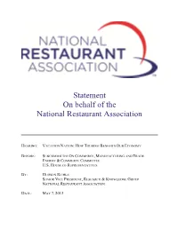 Statement on Behalf of the National Restaurant Association