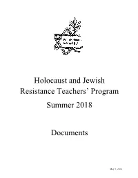 Holocaust and Jewish Resistance Teachers' Program Summer 2018 Documents