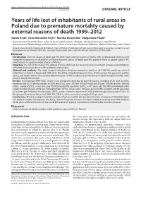 Years of Life Lost of Inhabitants of Rural Areas in Poland Due to Premature Mortality Caused by External Reasons of Death 1999–2012