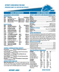 Detroit Lions Weekly Release Media Information Game Information