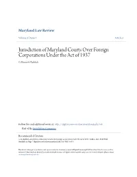 Jurisdiction of Maryland Courts Over Foreign Corporations Under the Act of 1937 G