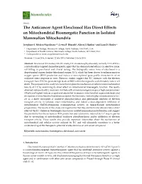 The Anticancer Agent Elesclomol Has Direct Effects on Mitochondrial Bioenergetic Function in Isolated Mammalian Mitochondria