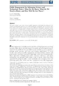 Public Engagement for Informing Science and Technology Policy: What Do We Know, What Do We
