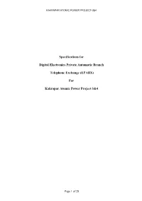 Specifications for Digital Electronics Private Automatic Branch Telephone Exchange (EPABX) for Kakrapar Atomic Power Project-3&A