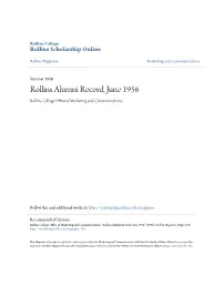 Rollins Alumni Record, June 1956 Rollins College Office Ofa M Rketing and Communications