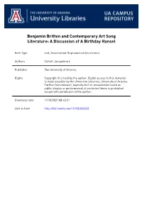 Benjamin Britten and Comtemporary Art Song Literature