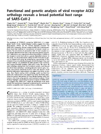 Functional and Genetic Analysis of Viral Receptor ACE2 Orthologs Reveals a Broad Potential Host Range of SARS-Cov-2