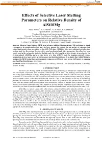 Effects of Selective Laser Melting Parameters on Relative Density of Alsi10mg Aqeel Ahmed1, M