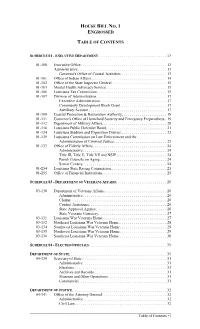 House Bill No. 1 Engrossed Table of Contents