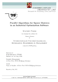 Parallel Algorithms for Sparse Matrices in an Industrial Optimization Software