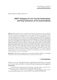 SWOT Analysis of Lviv Tourist Destination and Key Indicators of Its Sustainability